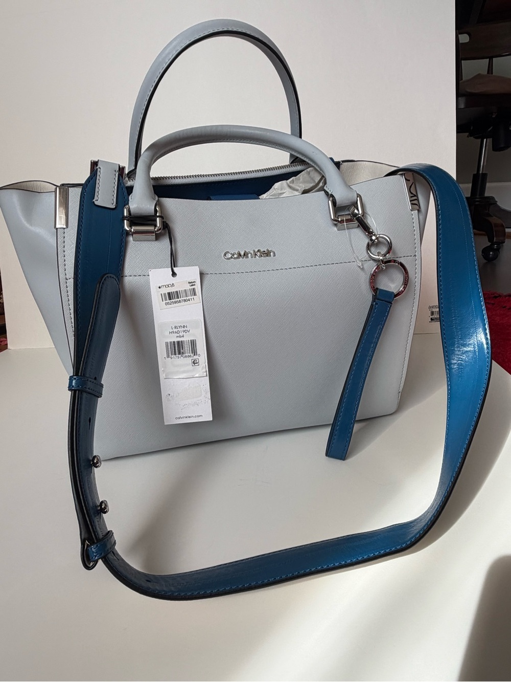 Calvin Klein Light Gray Tote with Blue Shoulder Strap
